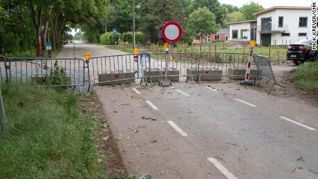 The barricaded road leads from the Netherlands to Belgium.