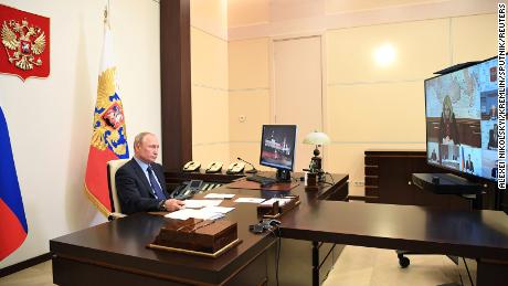 President Putin took part in a video conference call from his residence in Novo-Ogaryovo outside Moscow, on May 14.