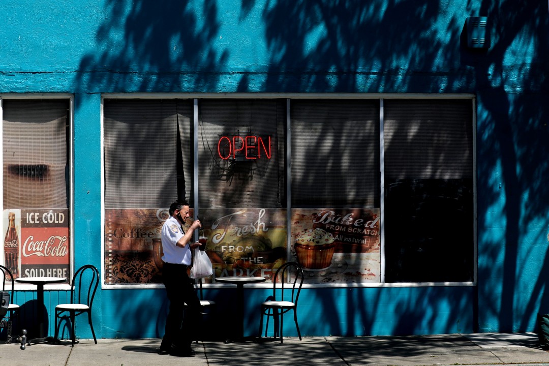 A customer leaves by ordering take-out at the Courthouse Cafe in Marysville.