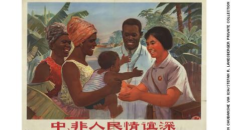 Chinese propaganda posters promoting medical assistance offered by Beijing to Africa during the 20th century.