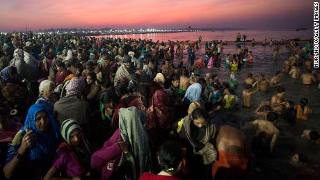 Hindus swim in Prayagraj, where the rivers of the Ganges, Yamuna and Sarasvati meet.