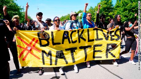 People protested during the Black Lives Matter demonstration in front of the US Embassy in Copenhagen, Denmark, on Sunday.