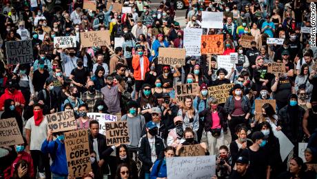 Thousands of people gather for peaceful demonstrations to protest racism in Vancouver on May 31.