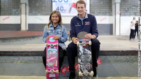 Brown (left) and Laureus Academy Member Tony Hawk pose during the Laureus Sport for Good Skateboard Visit before the Laureus World Sports Awards 2020.