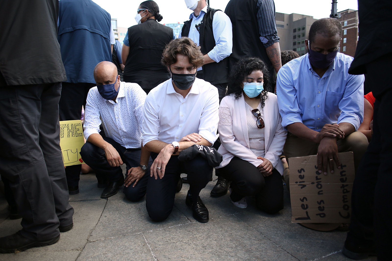 Canadian Prime Minister Justin Trudeau knelt in protest at the Black Lives Matter at Parliament Hill on June 5 in Ottawa, Canada.