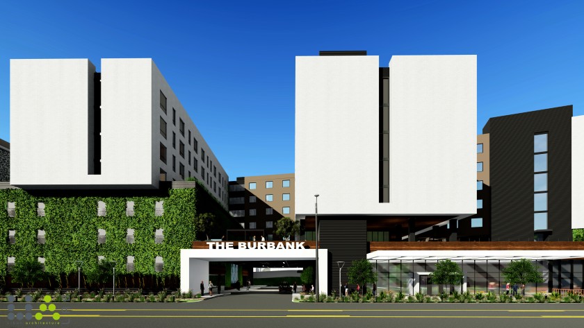 Rendering from the planned hotel entrance to La Terra Burbank, the $ 375 million complex was approved for construction in Burbank.
