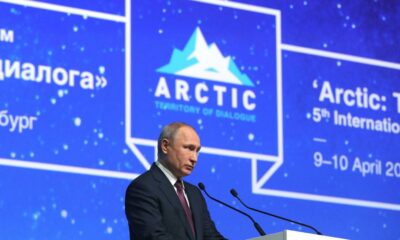 Russian President Vladimir Putin gives a speech during the International Arctic Forum in St. Petersburg on April 9, 2019.