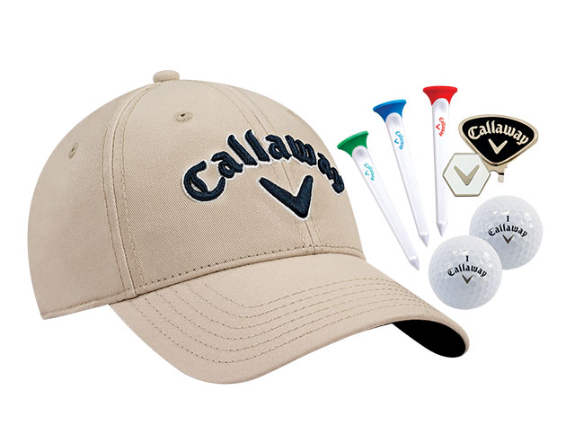 Callaway golf caps, golf tees and golf balls.