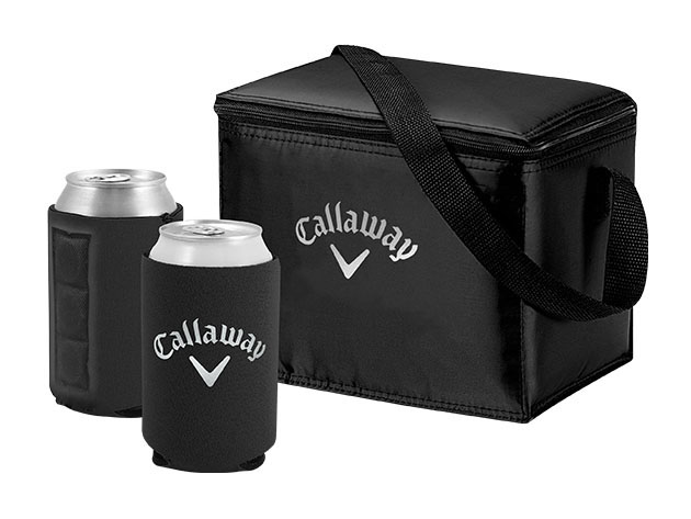 A black Callaway cooler bag, and two cans on a black Callaway phone. 