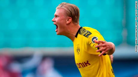 Norwegian Dortmund forward Erling Braut Haaland showed his excitement after bagging a second and decisive goal for Borussia Dortmund at RB Leipzig. 