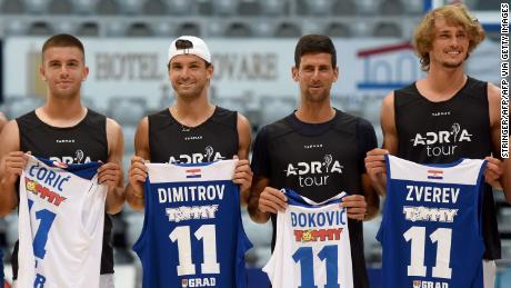 Borna Coric, Grigor Dimitrov, Novak Djokovic and Alexander Zverev (left to right) pose for a group shot ahead of the exhibition basketball game in Zadar, Croatia. 