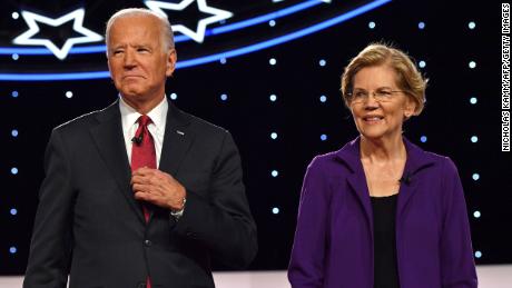 Biden and Warren arrived on stage for the fourth Democratic primary debate from the 2020 presidential campaign season jointly hosted by The New York Times and CNN at Otterbein University in Westerville, Ohio on October 15, 2019. 