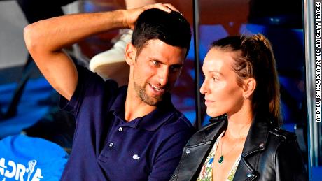 Serbian tennis player Novak Djokovic (left) talks with his wife Jelena during a match at the Adria Tour, the Balkan charity tournament Novak Djokovic in Belgrade on June 14, 2020.