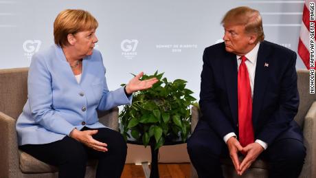 German Chancellor Angela Merkel and President Donald Trump spoke during the G-7 Summit in Biarritz, France, in August 2019.