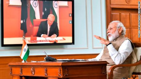 Indian Prime Minister Narendra Modi spoke during a virtual meeting with Australian Prime Minister Scott Morrison, in New Delhi, India, Thursday, 4 June 2020. 