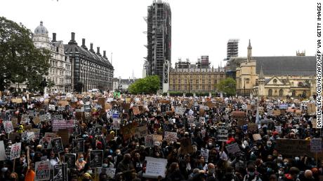 Protesters outside Parliament in London on Saturday.