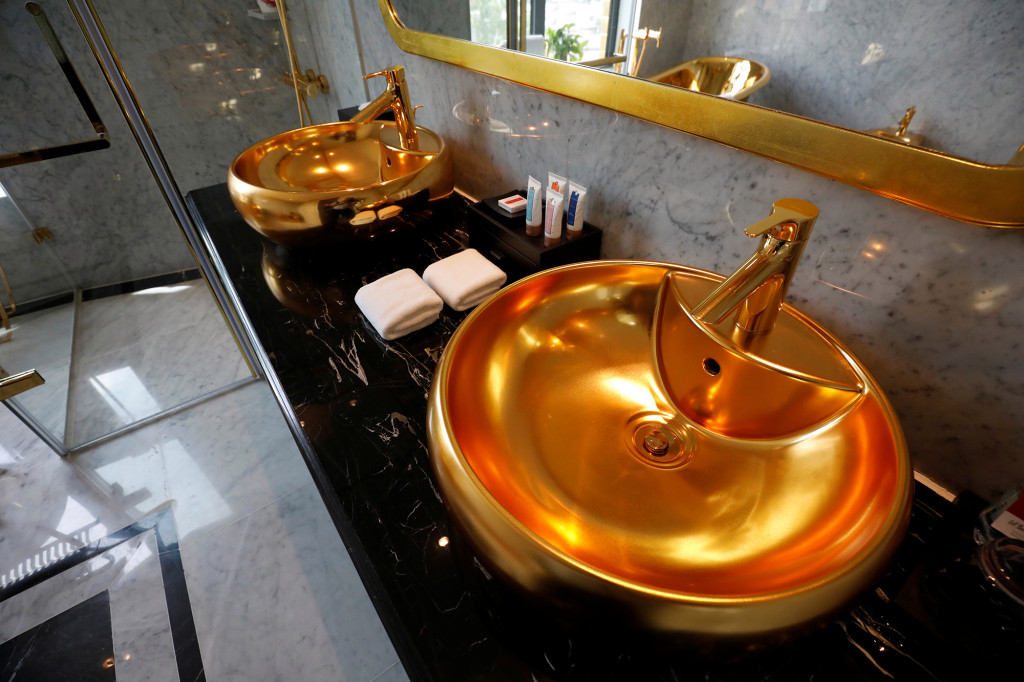 A gold-plated bathroom sink was seen at the newly inaugurated Dolce Hanoi Golden Lake hotel, after the government loosened the national lock after a global outbreak of coronavirus (COVID-19), in Hanoi