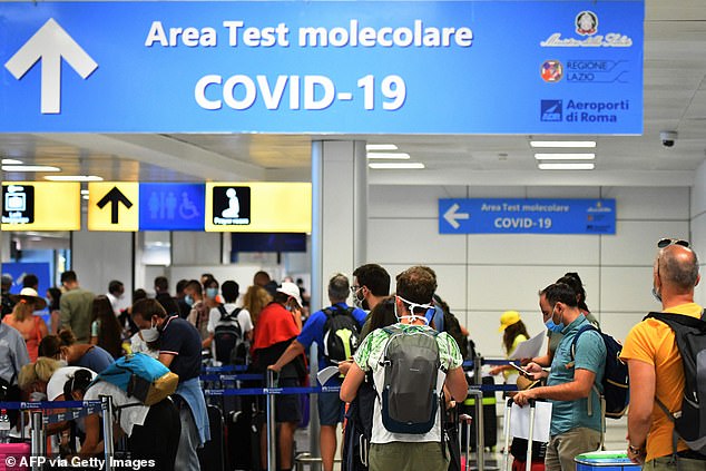 Coronavirus testing on holidaymakers arriving at Rome's airports began on Sunday (pictured) after the government said on Wednesday that people travelling from Croatia, Greece, Malta and Spain must be screened for the virus