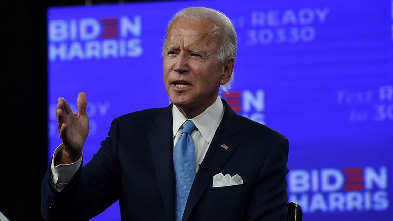 Democratic presidential nominee and former US Vice President Joe Biden participates in a virtual grassroots fundraiser