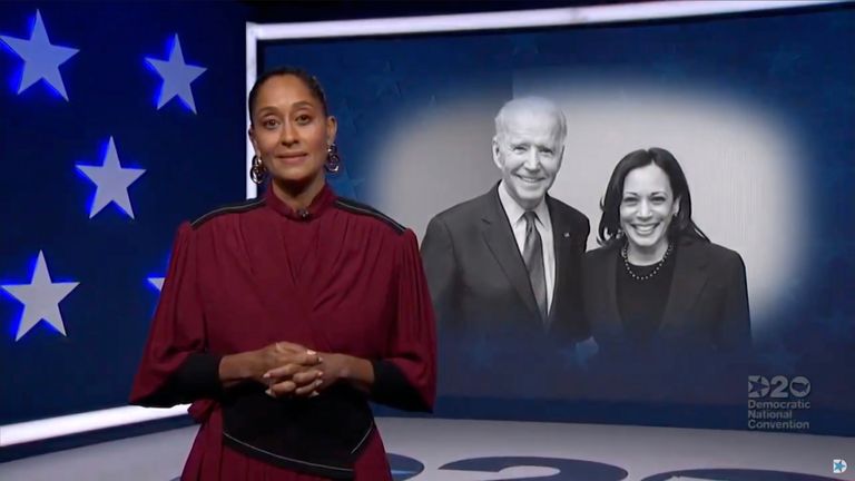 MILWAUKEE, WI - AUGUST 18: In this screenshot from the DNCC’s livestream of the 2020 Democratic National Convention, actress and activist Tracee Ellis Ross speaks in front of photo of Presumptive Democratic presidential nominee former Vice President Joe Biden and Presumptive Democratic vice presidential nominee, U.S. Sen. Kamala Harris during the virtual convention on August 18, 2020.  The convention, which was once expected to draw 50,000 people to Milwaukee, Wisconsin, is now taking place virtually due to the coronavirus pandemic.  (Photo by DNCC via Getty Images)  (Photo by Handout/DNCC via Getty Images)