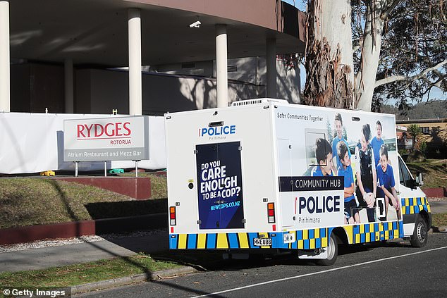 A police vehicle is seen outside Rydges Rotorua Hotel which is being used to isolate returned travellers (pictured on August 12)