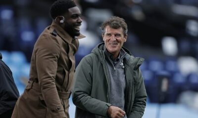 Former Manchester City striker Micah Richards shares a joke with fellow pundit Roy Keane before City against Liverpool in July