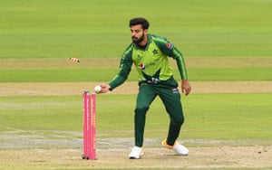 Shadab Khan removes the bails to run out Dawid Malan.