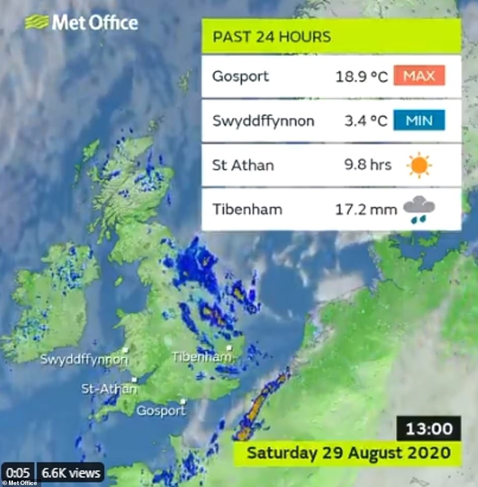 The lowest temperature recorded yesterday was 3.4C (48F) in Swyddffynnon, Wales, as the polar front swept in