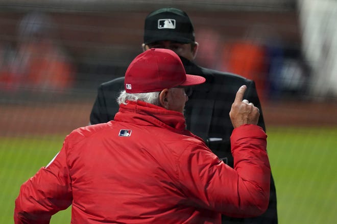 Los Angeles Angels manager Joe Maddon (70) argues with the umpires after a high pitch during the seventh inning against the San Francisco Giants at Oracle Park.