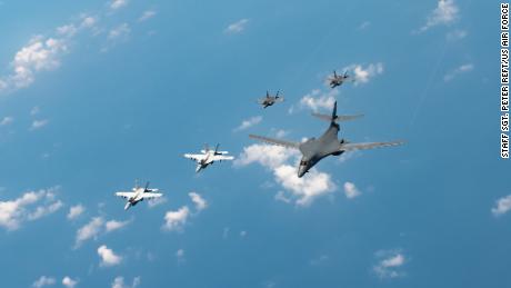 US Navy F/A-18s, Marine Corps F-35s and a US Air Force B-1B bomber conduct a large-scale joint and bilateral integration training exercise earlier this month.