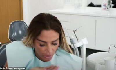 Bye bye! Katie Price has shared a video of herself spitting out her old teeth as she had her veneers replaced while away in Turkey recently