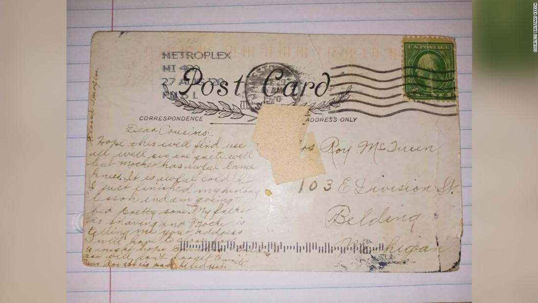 The postcard arrived in Michigan nearly 100 years after it was mailed.