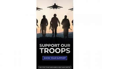 Trump's ad asks people to support the troops.  But a photograph of Russian aircraft is used here.