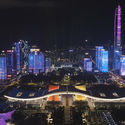 Light show with connected media facades for the 40th anniversary of the Shenzhen Special Economic Zone in the Futian CBD in Shenzhen, China.  Lighting control with Osram / Traxon e: cue.  Image © Traxon e: cue