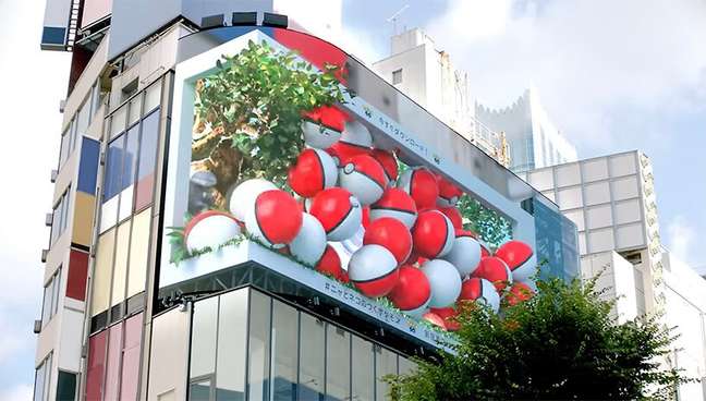 A 3D billboard on the corner of the Pokémon building.
