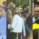 Bolsonaro arrives for a political rally in RJ with the military leaders on the platform.