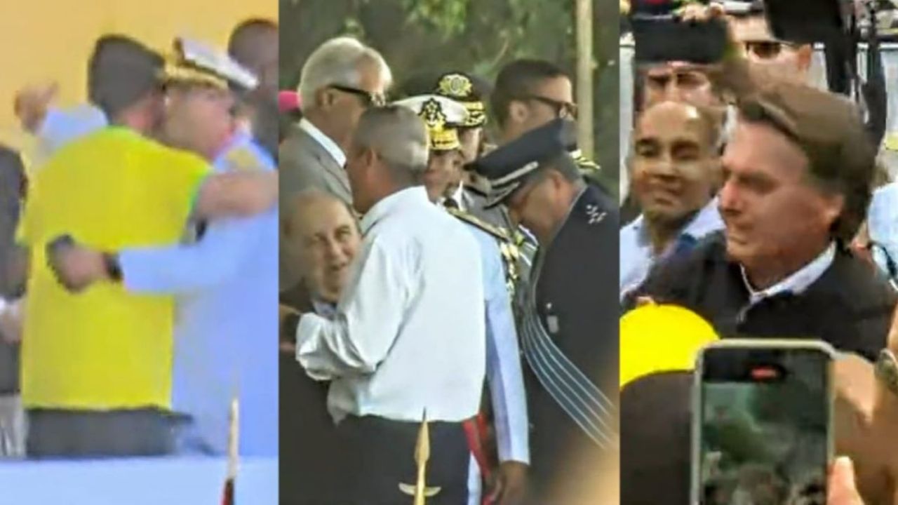 Bolsonaro arrives for a political rally in RJ with the military leaders on the platform.